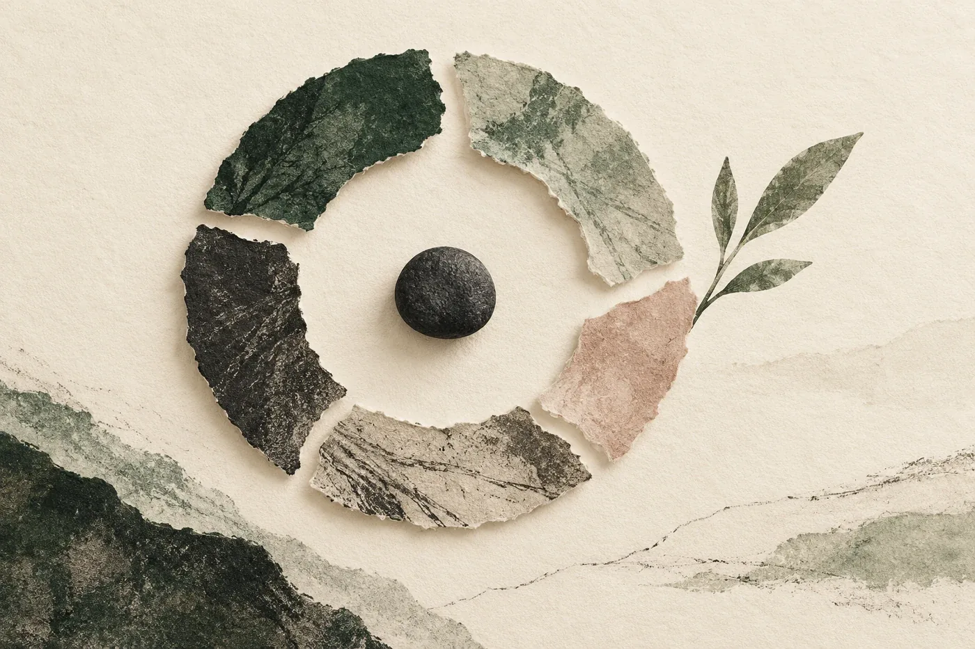 InnerWork anxiety cycle calm art with five torn paper arcs opening around a charcoal stone and rosewood break