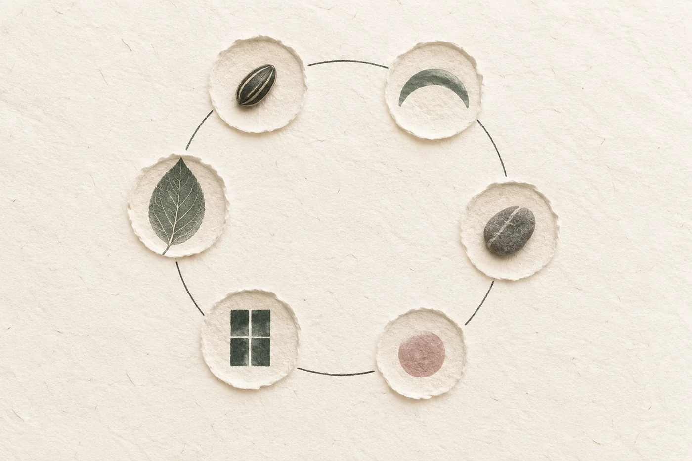 InnerWork daily gratitude journal calm art with six paper niches circling ordinary leaf, seed, stone, and rosewood marks