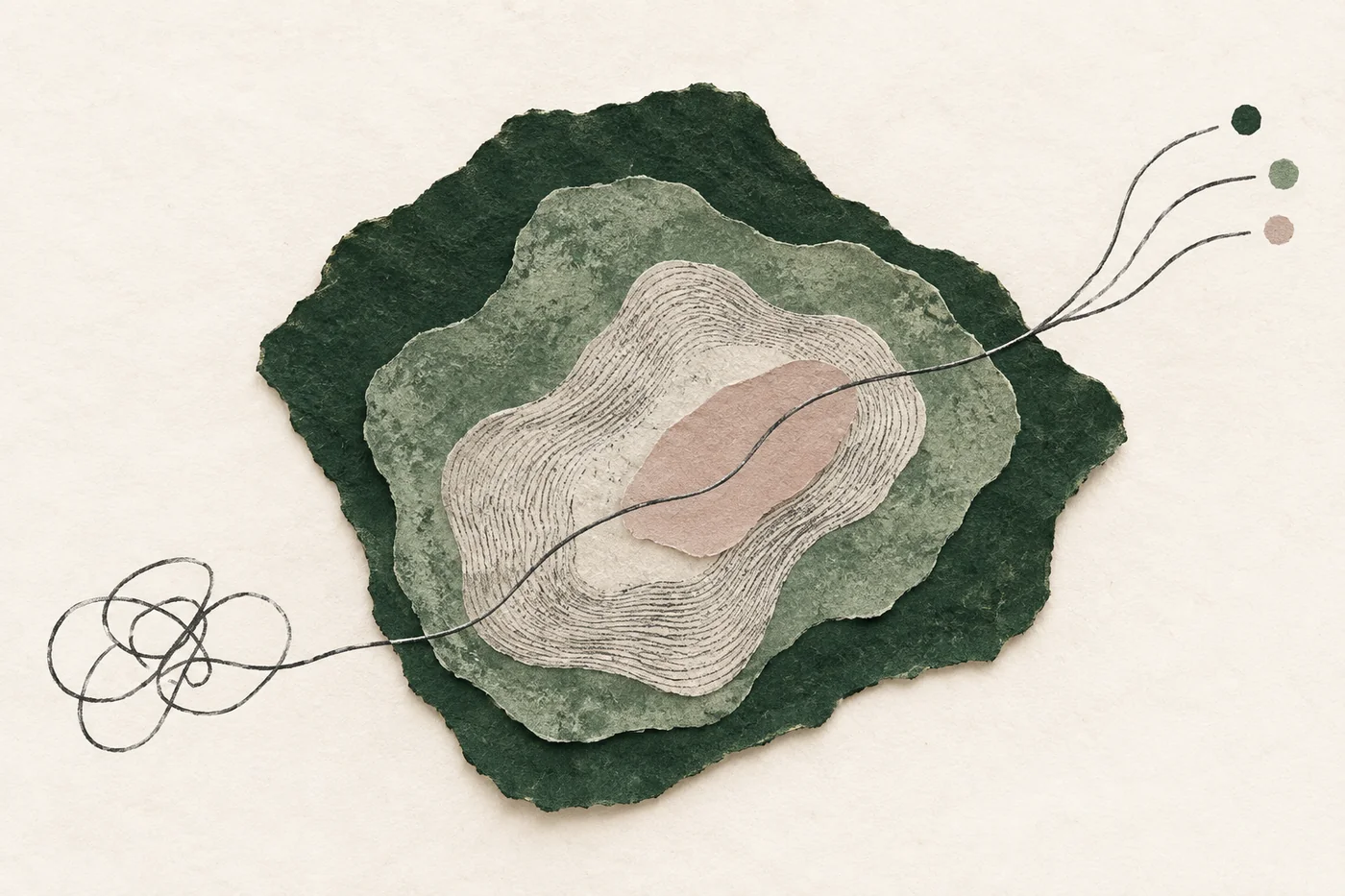 InnerWork feelings journal calm art with layered paper contours and a tangled graphite line separating into clear marks