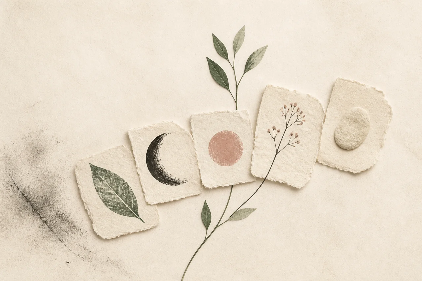InnerWork gratitude journal prompts calm art: five torn-paper keepsakes, a sage leaf, and a rosewood circle