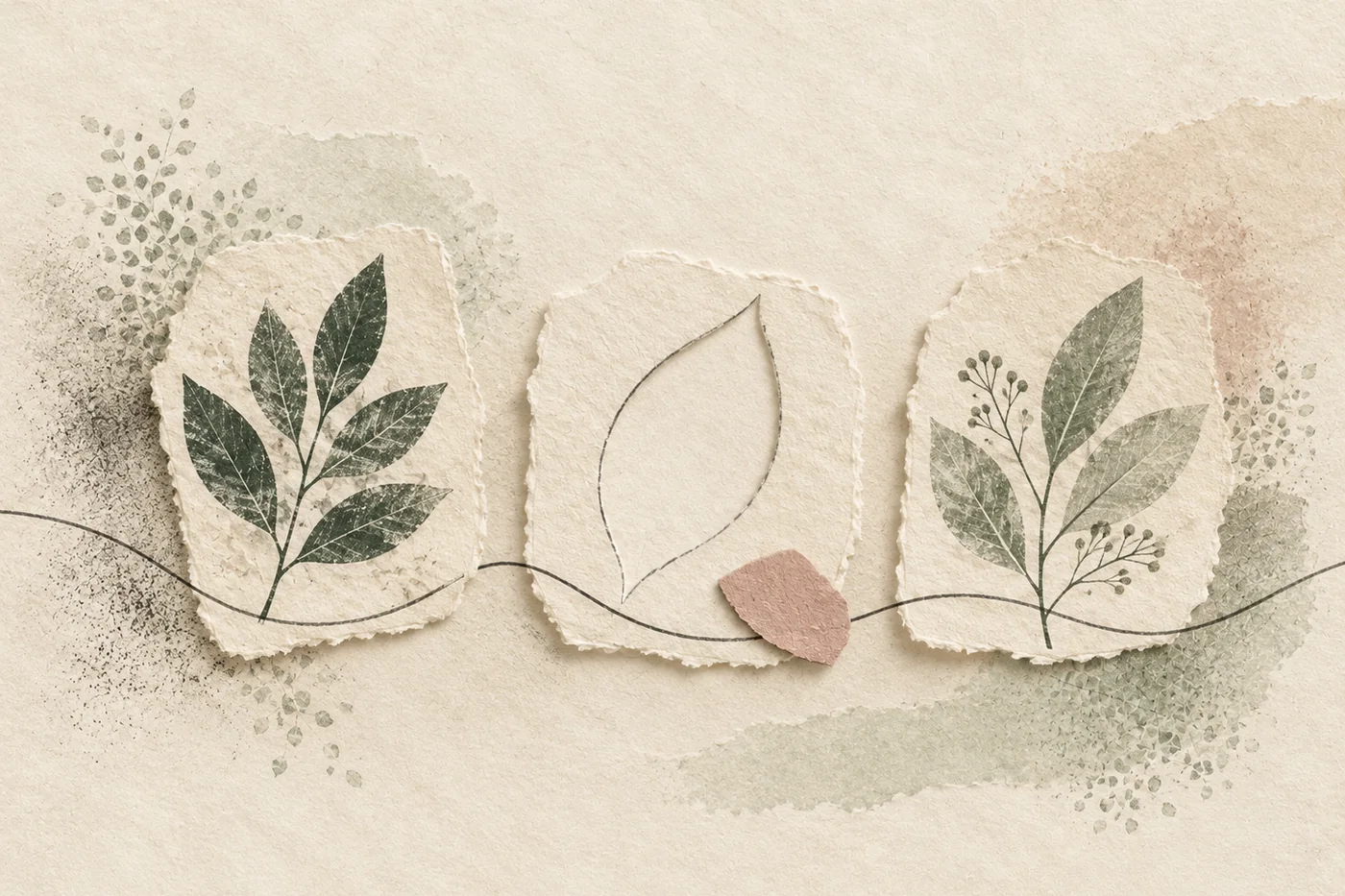 InnerWork grief journal prompts calm art with pressed botanical prints, an empty leaf-shaped space, and a continuing graphite line