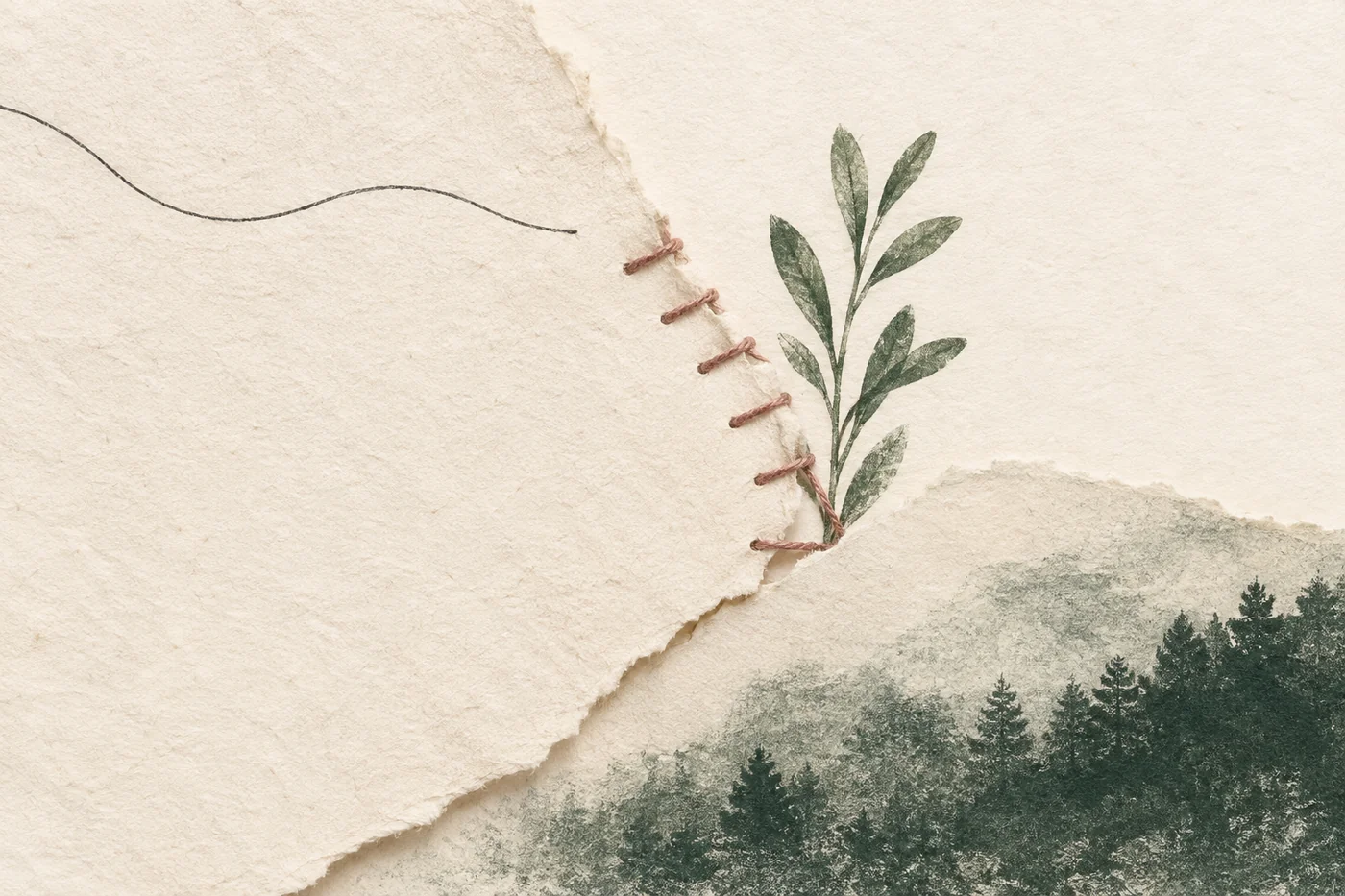 InnerWork healing journal prompts calm art with torn cream paper, rosewood stitches, and a sage sprig beside the visible seam