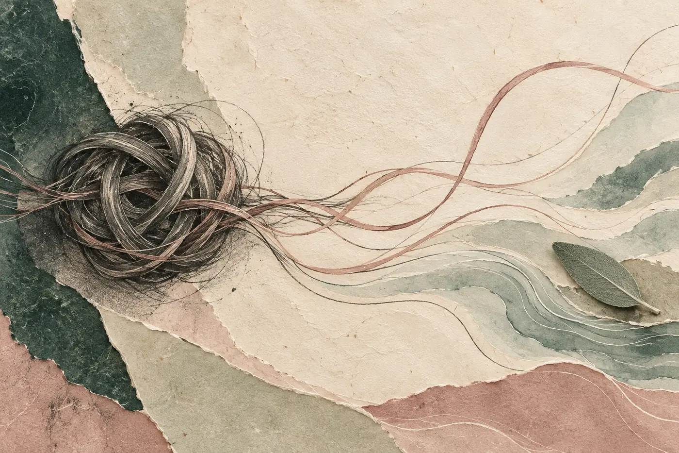 InnerWork how to let go of control calm art with a graphite knot opening into rosewood threads and quiet sage water lines