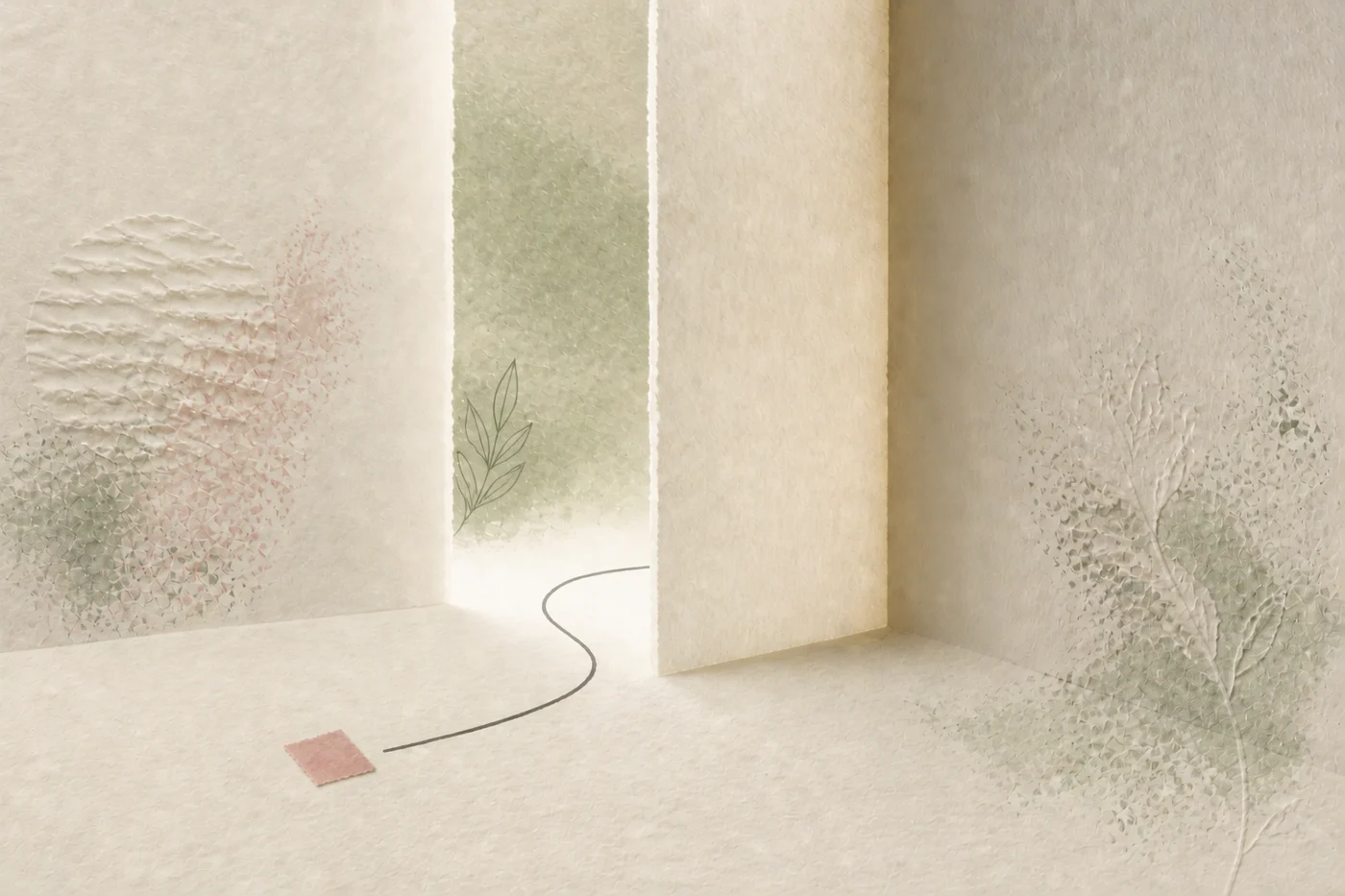 InnerWork anxiety journaling guide calm art: an ivory paper doorway opening into a quiet sage field