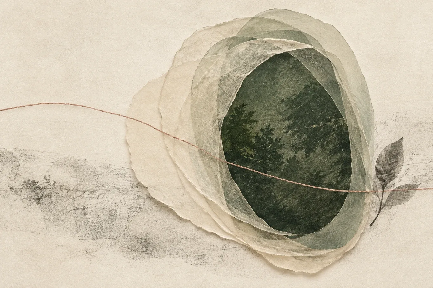 InnerWork self-reflection journaling calm art with translucent paper layers aligning around a forest center and rosewood thread