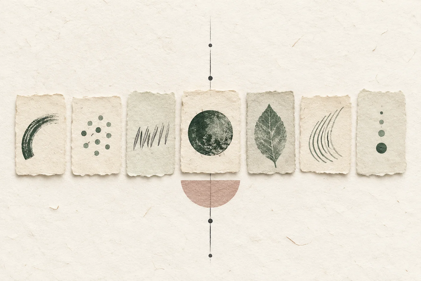 InnerWork mental health journal prompts calm art with seven handmade paper check-in tiles arranged around a steady graphite axis