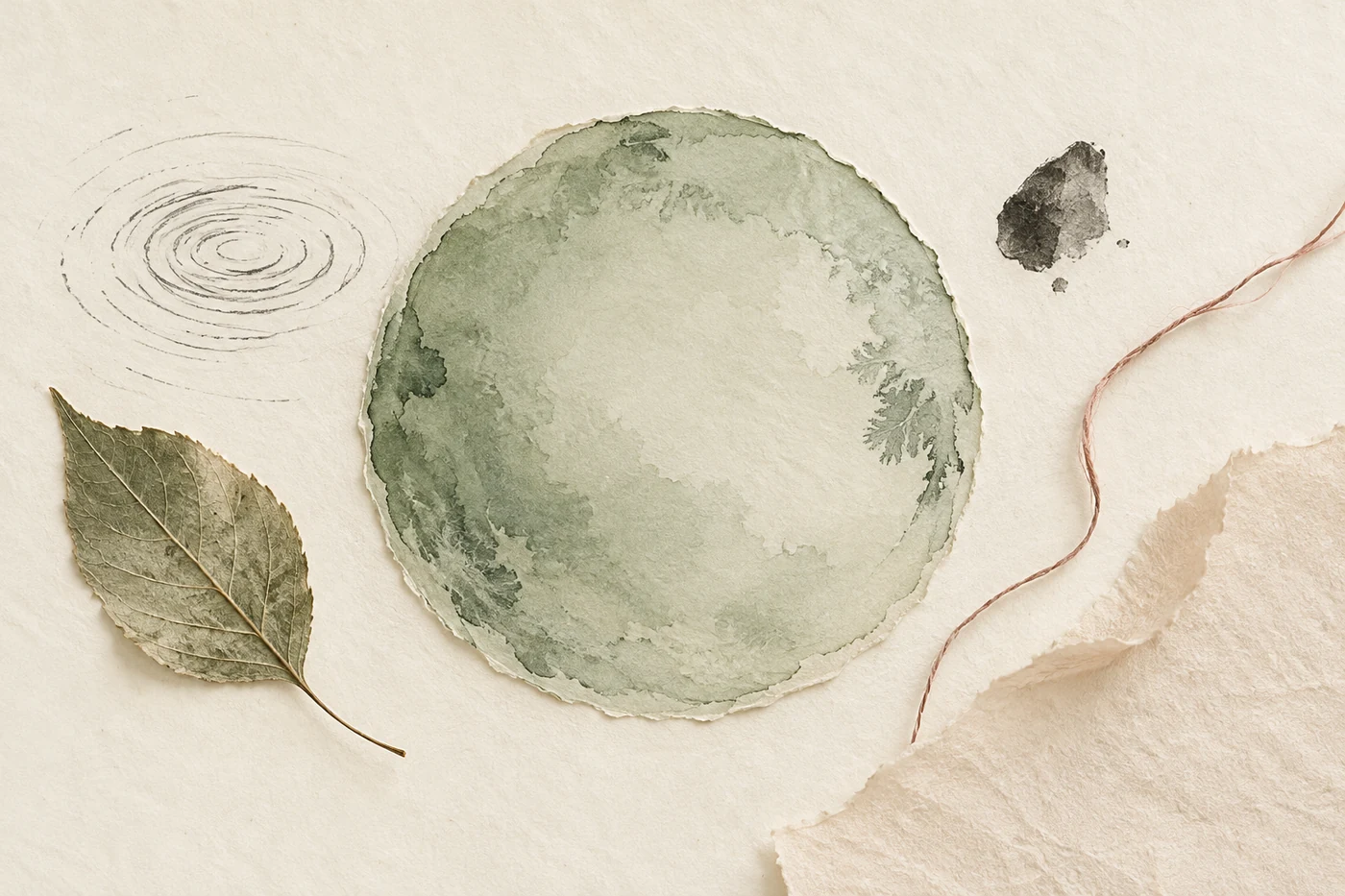 InnerWork mindfulness journal prompts calm art with a still sage paper pool, graphite ripples, leaf, and rosewood thread