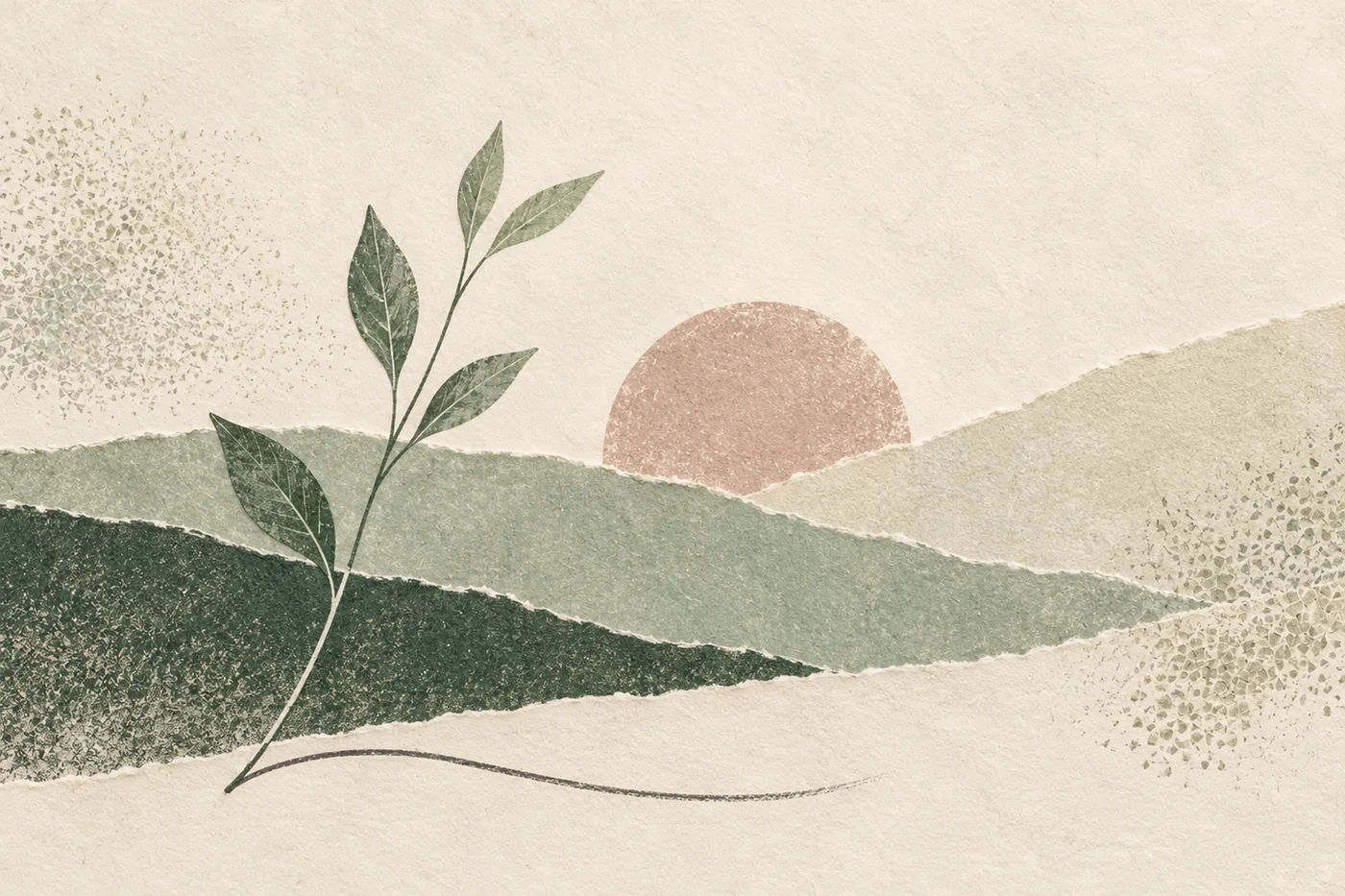 InnerWork morning journal prompts calm art with layered sage horizons, a rosewood dawn disc, and a rising botanical stem