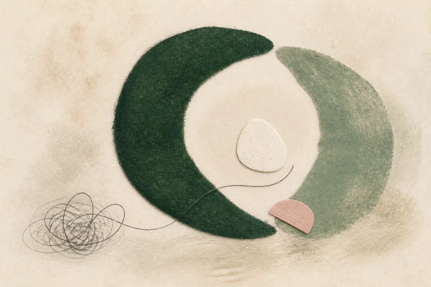 InnerWork self-care journal prompts calm art: an open forest-and-sage paper oval around a seed, with a rosewood accent