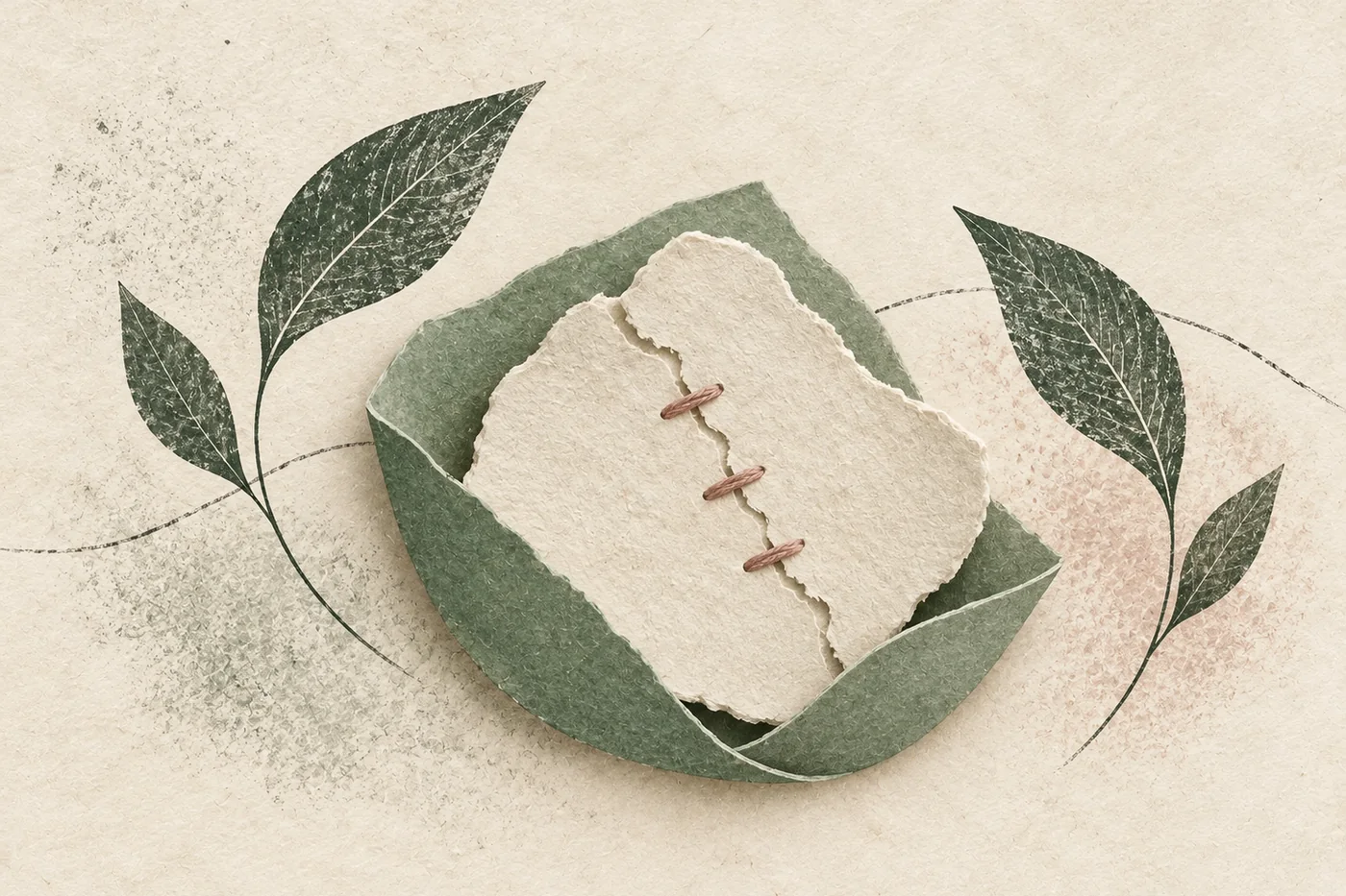 InnerWork self-love journal prompts calm art with a stitched paper seam held inside a protective sage fold