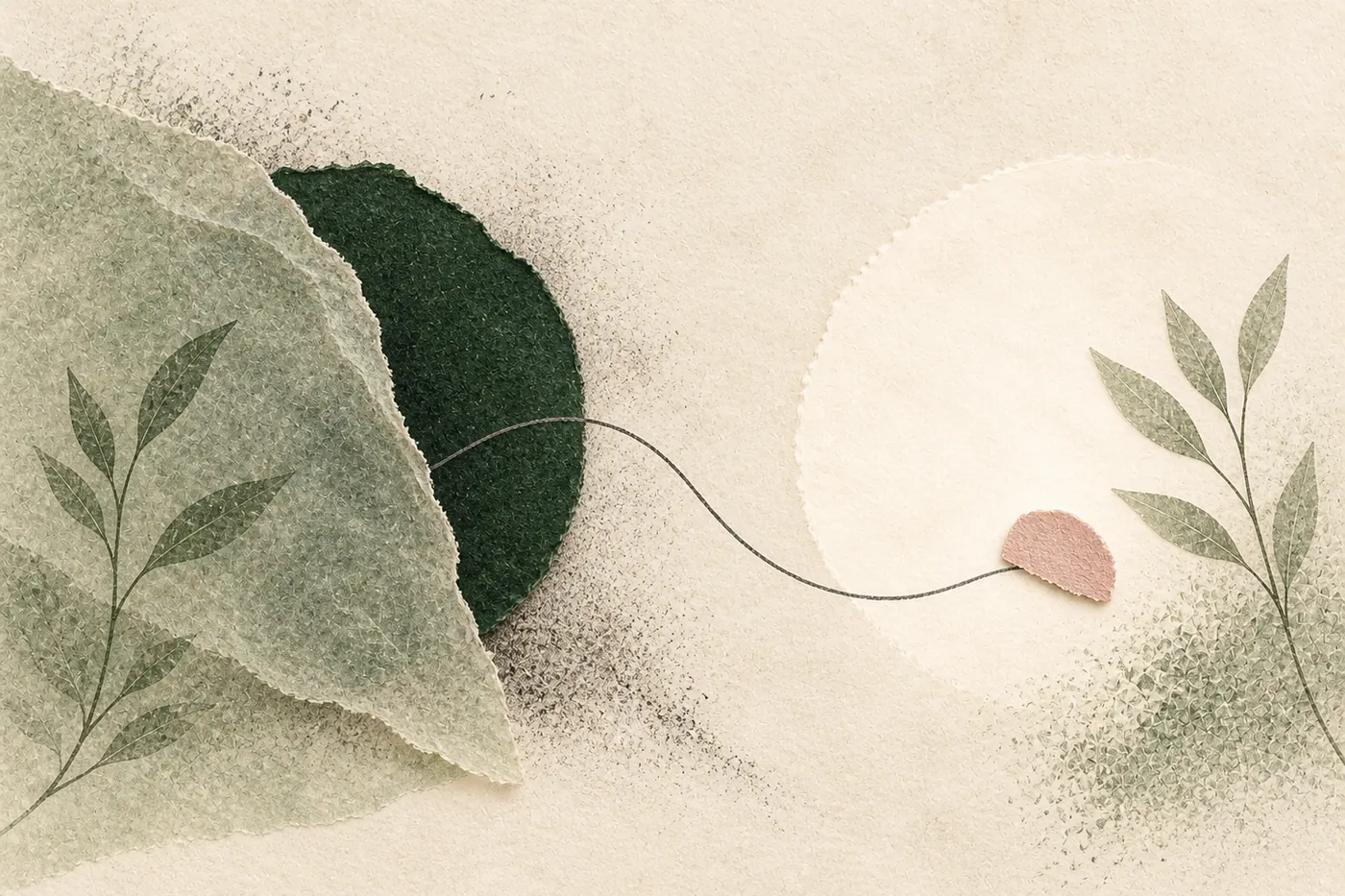 InnerWork shadow work journal prompts calm art with a forest paper form emerging from layered sage paper into open light